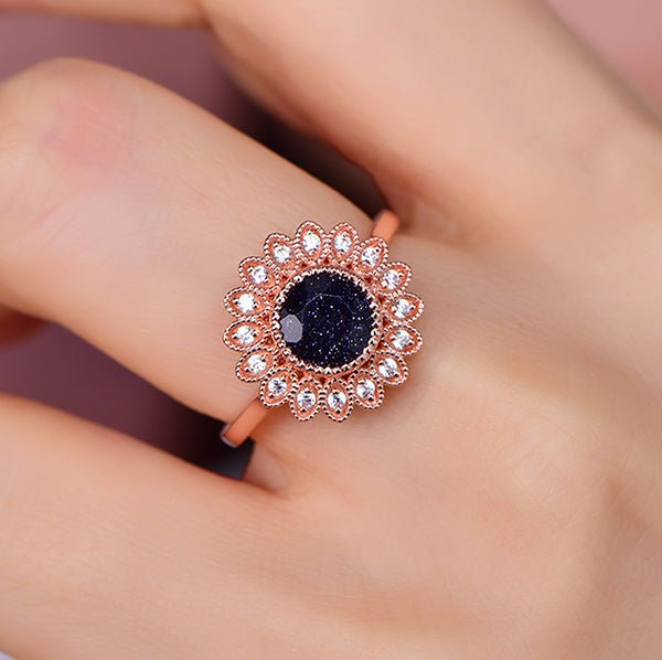 Floral Round Blue Sandstone Diamond Halo Engagement Ring 14K Rose Gold - Lord of Gem Rings