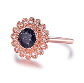 Floral Round Blue Sandstone Diamond Halo Engagement Ring 14K Rose Gold - Lord of Gem Rings