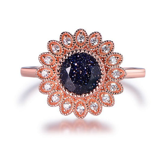 Floral Round Blue Sandstone Diamond Halo Engagement Ring 14K Rose Gold
