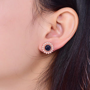 Floral Round Blue Sandstone Diamond Halo Engagement Ring 14K Rose Gold - Lord of Gem Rings