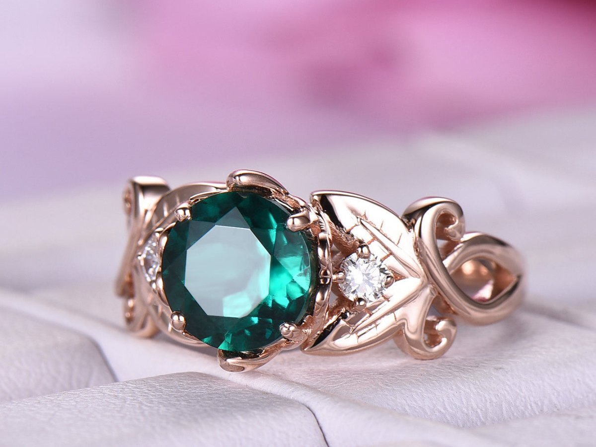 Floral Round Emerald Diamond Engagement Ring in 14K Rose Gold - Lord of Gem Rings