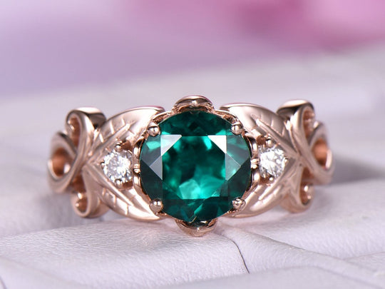 Floral Round Emerald Diamond Engagement Ring in 14K Rose Gold