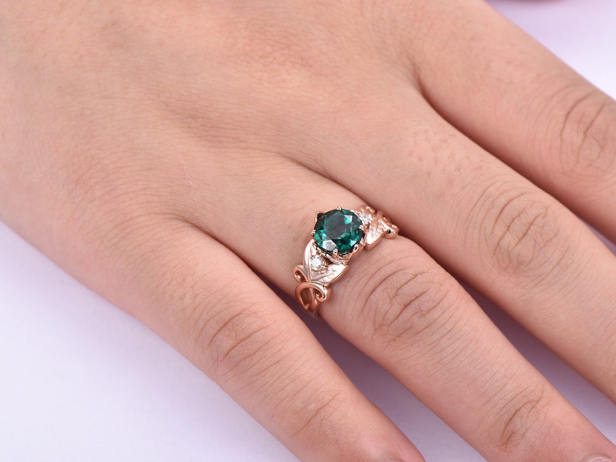 Floral Round Emerald Diamond Engagement Ring in 14K Rose Gold - Lord of Gem Rings