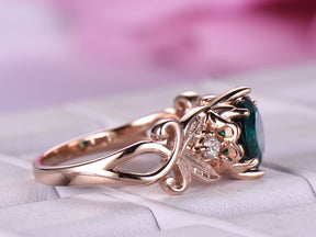 Floral Round Emerald Diamond Engagement Ring in 14K Rose Gold - Lord of Gem Rings