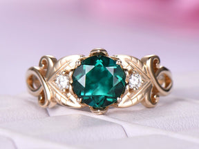 Floral Round Emerald Diamond Engagement Ring in 14k Yellow Gold - Lord of Gem Rings