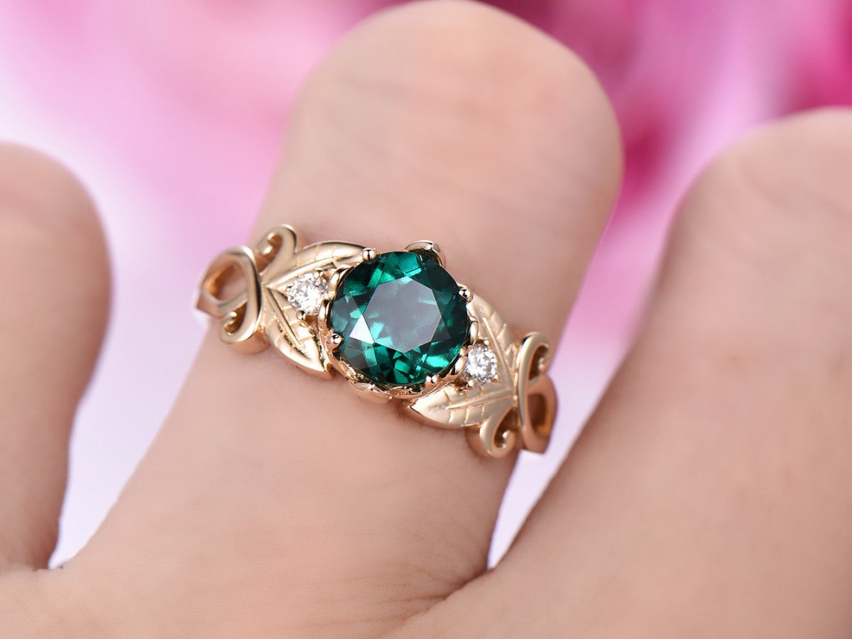 Floral Round Emerald Diamond Engagement Ring in 14k Yellow Gold - Lord of Gem Rings