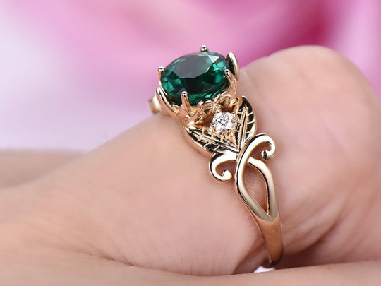 Floral Round Emerald Diamond Engagement Ring in 14k Yellow Gold