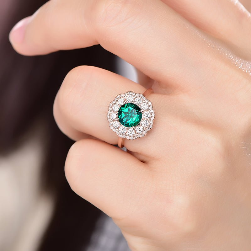 Floral Round Emerald Moissanite Engagement Ring - Lord of Gem Rings