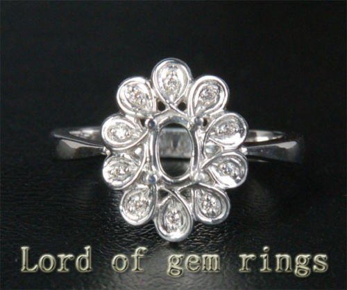 Flower 4x6mm Oval Cut 14K White Gold Diamonds Engagement Wedding Semi Mount Ring