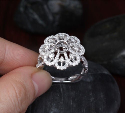 Flower 5.5-6mm Round 1.09ct VS diamond 14k white gold Engagement Semi Mount Ring