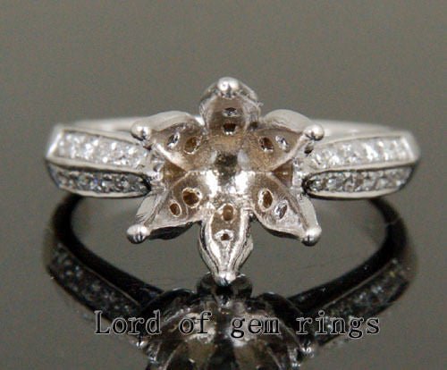 Flower 9.5mm Round Cut 14K White Gold Pave .38ct Diamond Wedding Semi Mount Ring - Lord of Gem Rings