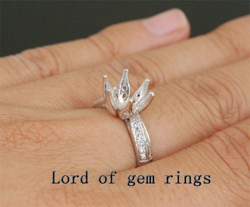 Flower 9.5mm Round Cut 14K White Gold Pave .38ct Diamond Wedding Semi Mount Ring - Lord of Gem Rings