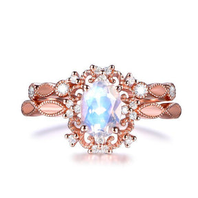 For Ollie- Vintage Oval Moonstone Ring with Diamond Tiara Wedding Band Bridal Set - Lord of Gem Rings