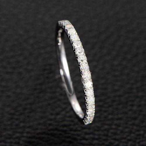 French Pave Moissanite Half Eternity Wedding Band 14K White Gold