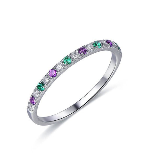 French V Pave Amethyst Emerald Diamond Half Eternity Feb/May Birthstone Band