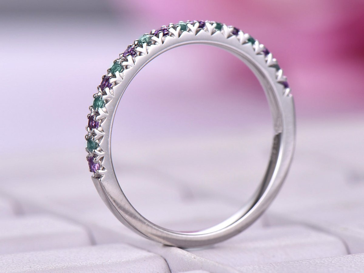 French V Pave Amethyst Emerald Half Eternity February May Birthstone Band - Lord of Gem Rings