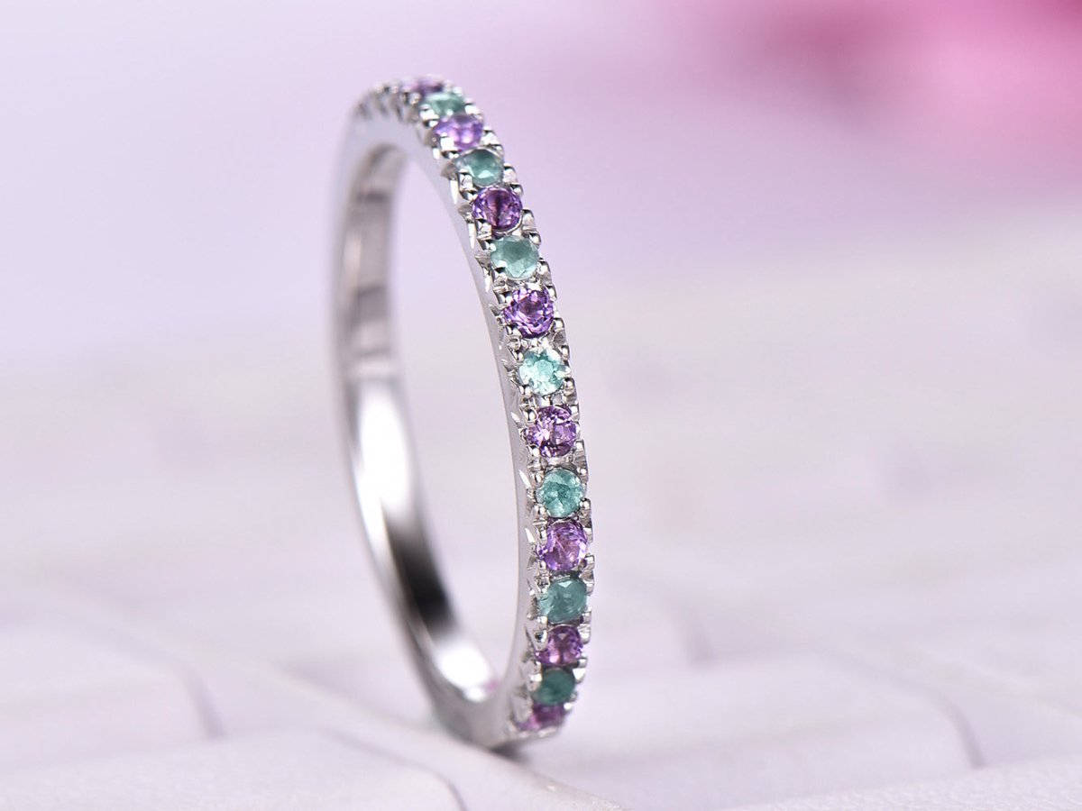 French V Pave Amethyst Emerald Half Eternity February May Birthstone Band - Lord of Gem Rings