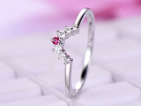 Graduated Round Diamond Ruby Tiara Wedding Ring 14K White Gold