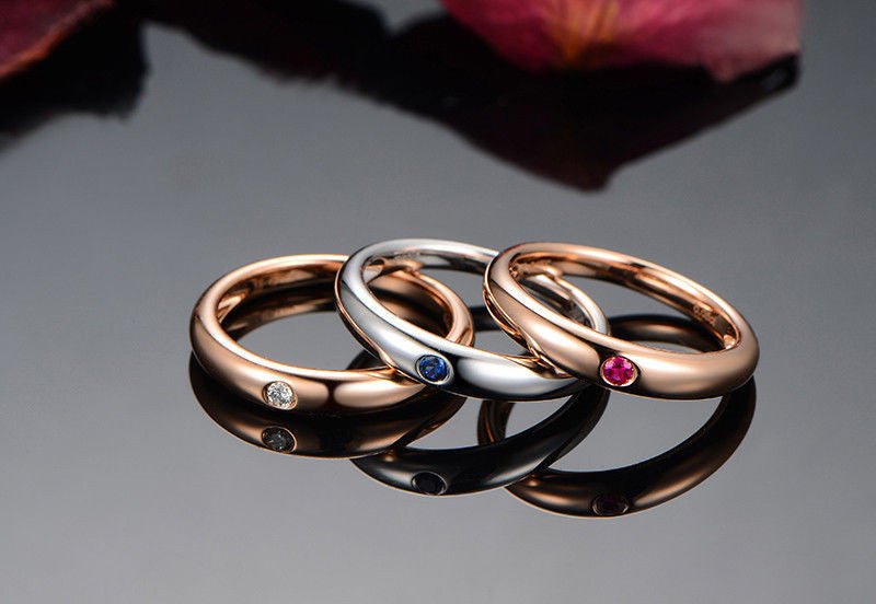 Gypsy-Set Diamond Sapphire Tourmaline Birthstone Band Trio Set 18K Gold - Lord of Gem Rings