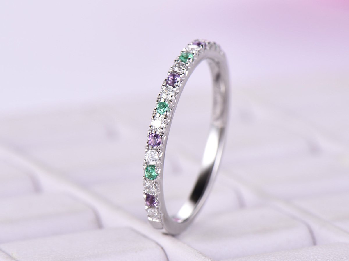 Half Eternity Amethyst Emerald Moissanite Feb/May Birthstone Band, 14K Gold/Silver - Lord of Gem Rings