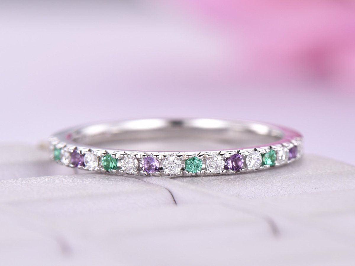 Half Eternity Amethyst Emerald Moissanite Feb/May Birthstone Band, 14K Gold/Silver - Lord of Gem Rings