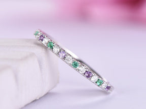 Half Eternity Amethyst Emerald Moissanite Feb/May Birthstone Band, 14K Gold/Silver - Lord of Gem Rings