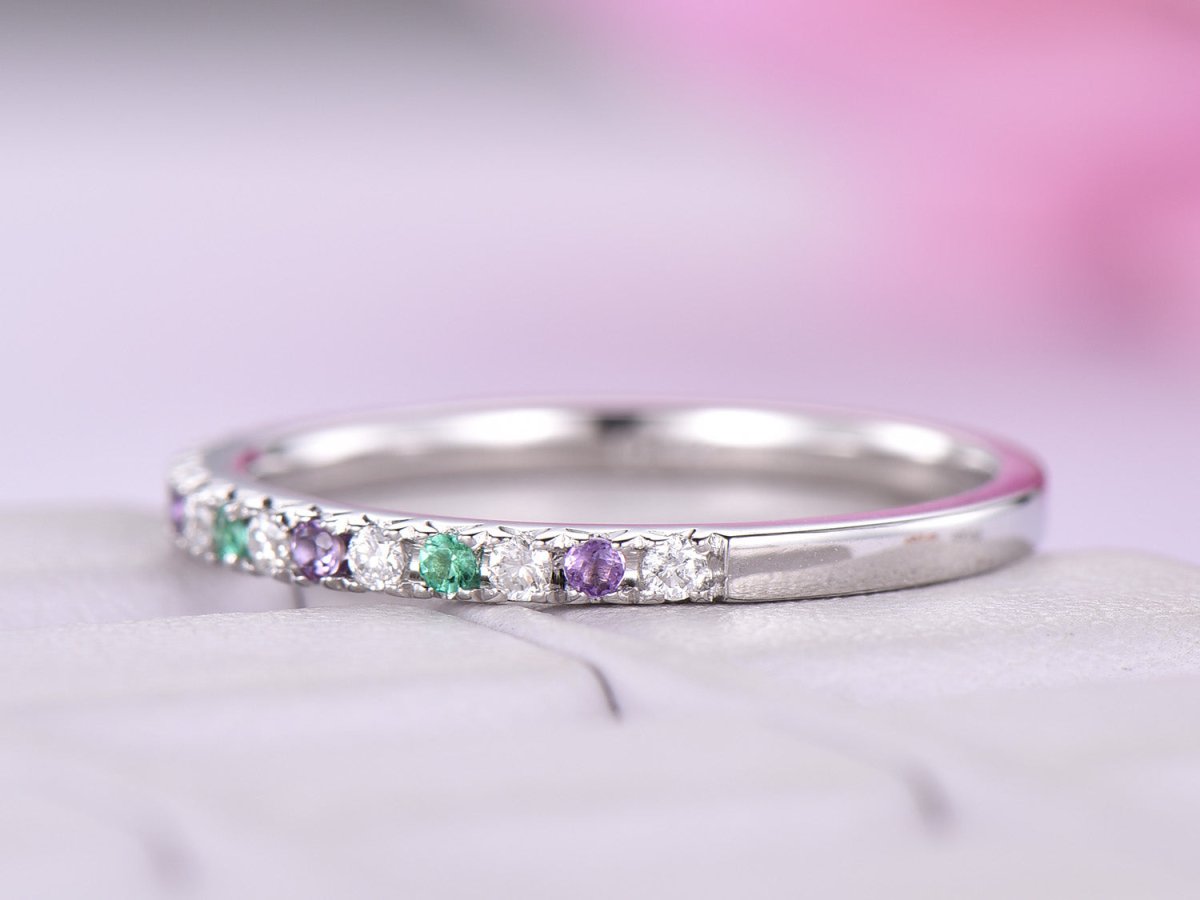 Half Eternity Amethyst Emerald Moissanite Feb/May Birthstone Band, 14K Gold/Silver - Lord of Gem Rings