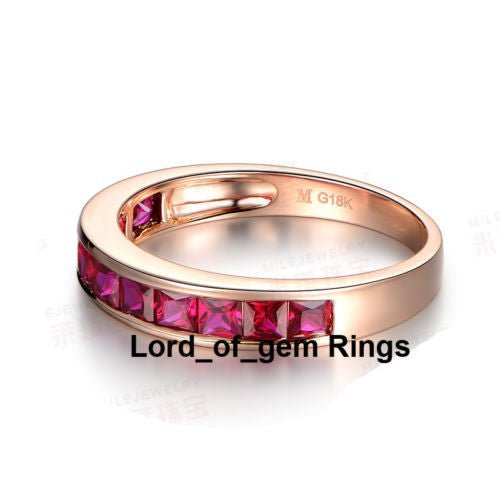 Half Eternity Channel-Set Princess Ruby July Birthstone Band 18K Gold - Lord of Gem Rings