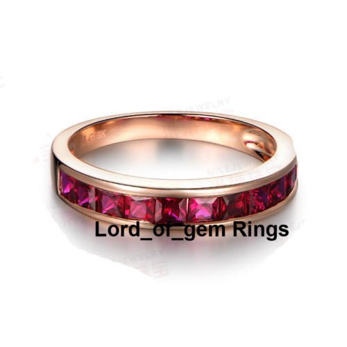 Half Eternity Channel-Set Princess Ruby July Birthstone Band 18K Gold - Lord of Gem Rings