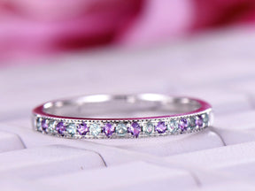 Half Eternity Milgrain Amethyst Alexandrite February June Birthstone Band - Lord of Gem Rings