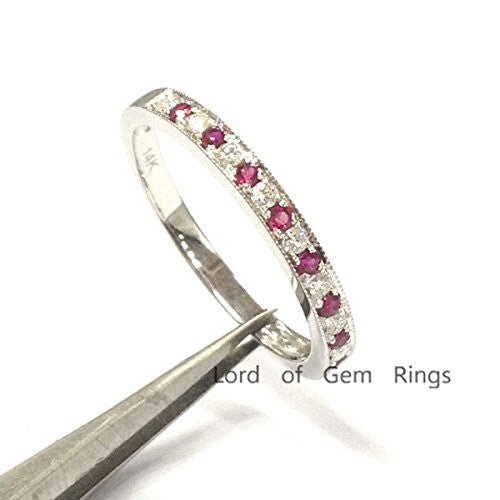 Half Eternity Moissanite Ruby Milgrain July Birthstone Band - Lord of Gem Rings