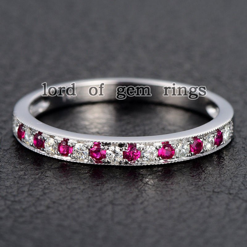 Half Eternity Moissanite Ruby Milgrain July Birthstone Band - Lord of Gem Rings