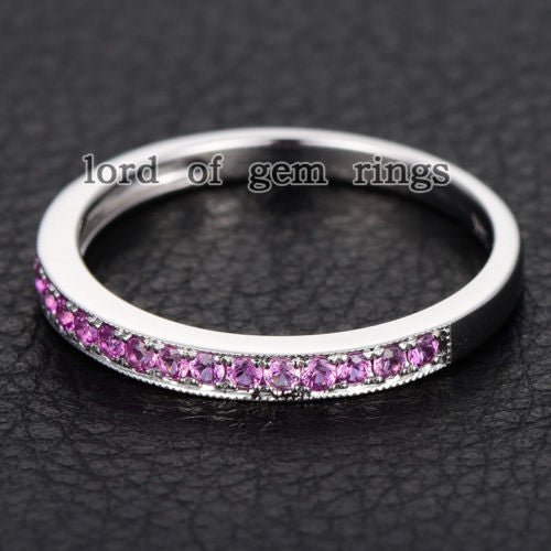 Half Eternity Pave-Set Pink Sapphire Milgrain September Birthstone Band - Lord of Gem Rings