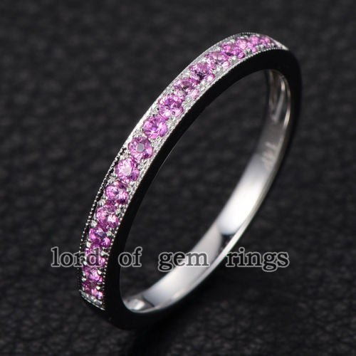 Half Eternity Pave-Set Pink Sapphire Milgrain September Birthstone Band - Lord of Gem Rings