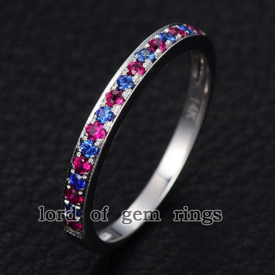 Half Eternity Pave-Set Ruby Sapphire Milgrain July September Birthstone Band