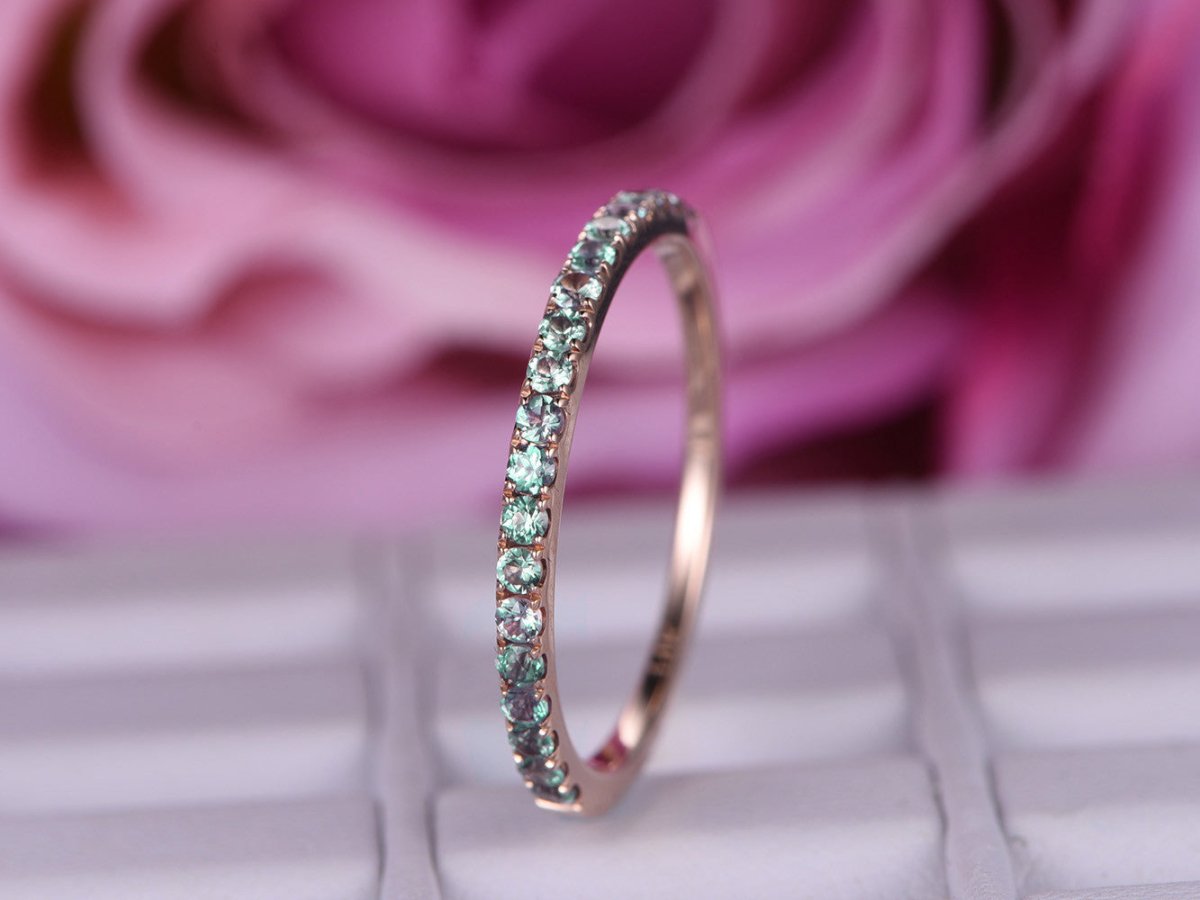 Half Eternity Pvae-Set Alexandrite Wedding Band 14K Rose Gold - Lord of Gem Rings