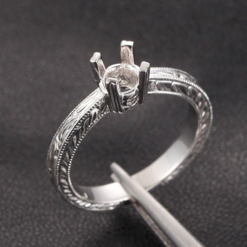 Hand Engraved Art Deco Antique Style Semi Mount Ring