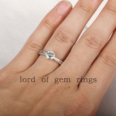 Hand Engraved Scroll Round Moissanite Engagement Ring - Lord of Gem Rings