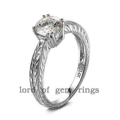 Hand Engraved Scroll Round Moissanite Engagement Ring - Lord of Gem Rings