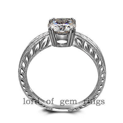 Hand Engraved Scroll Round Moissanite Engagement Ring - Lord of Gem Rings
