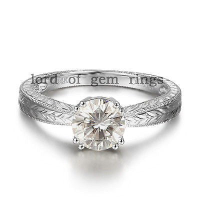 Hand Engraved Scroll Round Moissanite Engagement Ring - Lord of Gem Rings