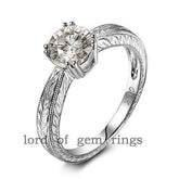 Hand Engraved Scroll Round Moissanite Engagement Ring - Lord of Gem Rings
