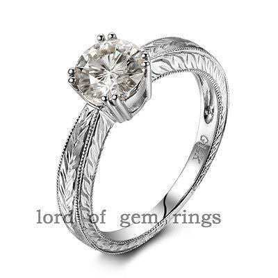 Hand Engraved Scroll Round Moissanite Engagement Ring - Lord of Gem Rings