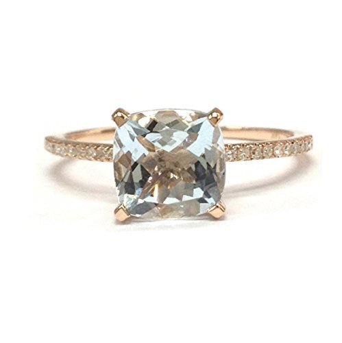 Head Raised Cushion Aquamarine Diamond Ring 14K Rose Gold
