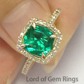 Head Raised Cushion Emerald Ring with Diamond Halo - Lord of Gem Rings