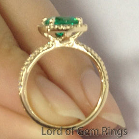 Head Raised Cushion Emerald Ring with Diamond Halo - Lord of Gem Rings