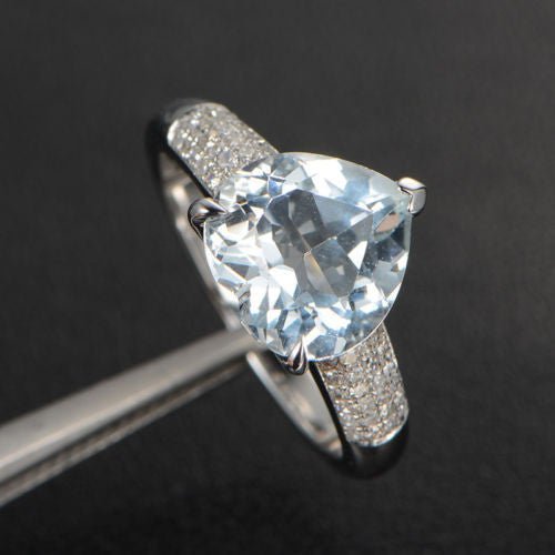 Heart Aquamarine Multi Row Diamond Engagement Ring 14K White Gold
