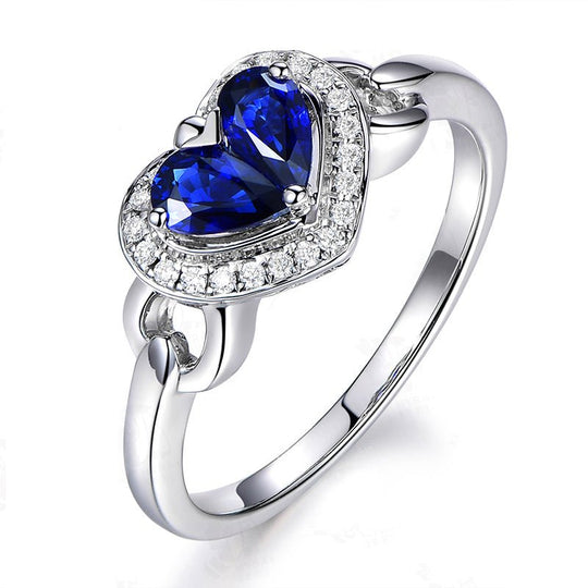 Heart Blue Sapphire Diamond Halo Engagement Ring 14K Gold