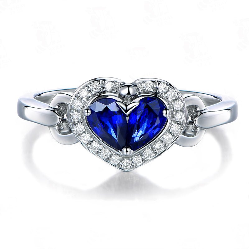 Heart Blue Sapphire Diamond Halo Engagement Ring 14K Gold - Lord of Gem Rings