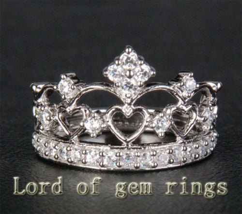 Heart Crown Diamond Wedding Band 14K White Gold - Lord of Gem Rings